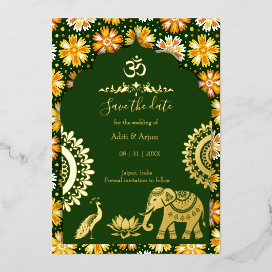 インディアンウェディングは日付金ゴールドインディアンモチーフを保存 箔招待状 (正面)