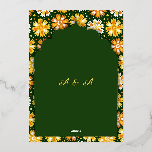 インディアンウェディングは日付金ゴールドインディアンモチーフを保存 箔招待状 (裏面)