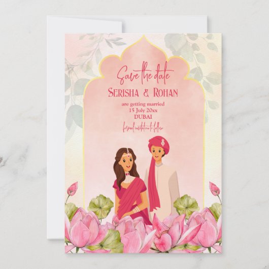 インディアンウェディング日付ロータスブライダルカップル 招待状 (正面)