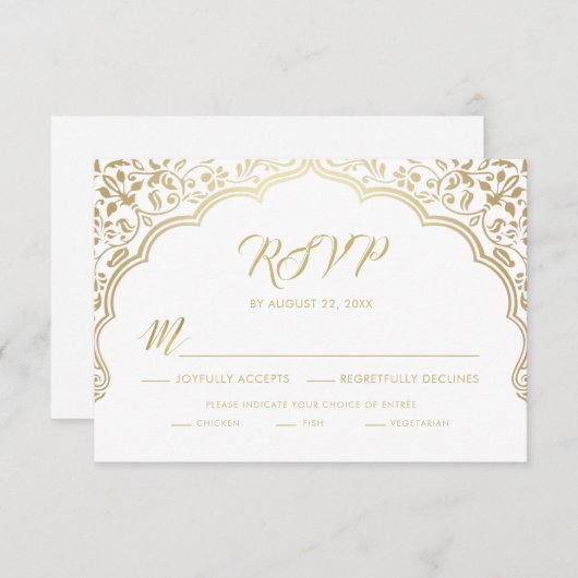 インディアンウェディングRSVPカード、白と金ゴールド 出欠カード (正面/裏面)