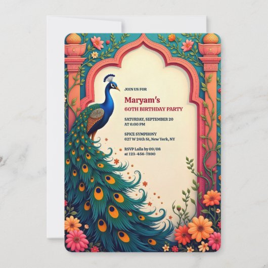 インディアンエレガントフローラアーチピーコック60誕生日 招待状 (正面)