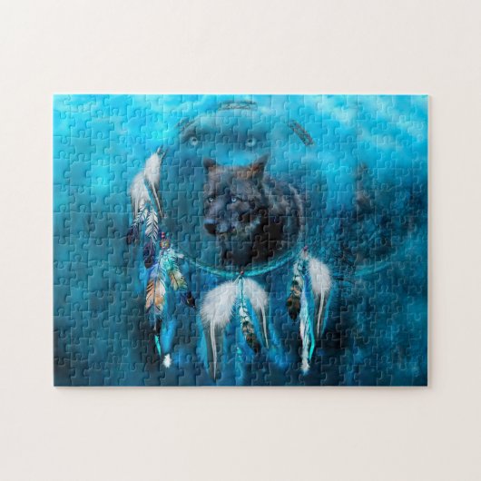 インディアンオオカミの夢のキャッチャーと民族オーナメント ジグソーパズル (横)