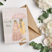 インディアンカップルイラストレーションとピンクの傘 セーブザデート