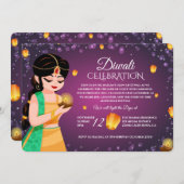 インディアンガールエレガントフローティングランタンパープルディワリ 招待状 (正面/裏面)