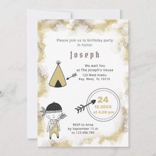 インディアングラフィックスウォーターカラーボーイズ誕生日招待状 セーブザデート (正面)