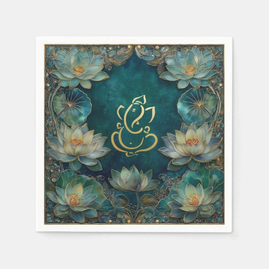 インディアンゲネシュグリーン金ゴールド伝統的ロータス結婚 スタンダードカクテルナプキン (正面)