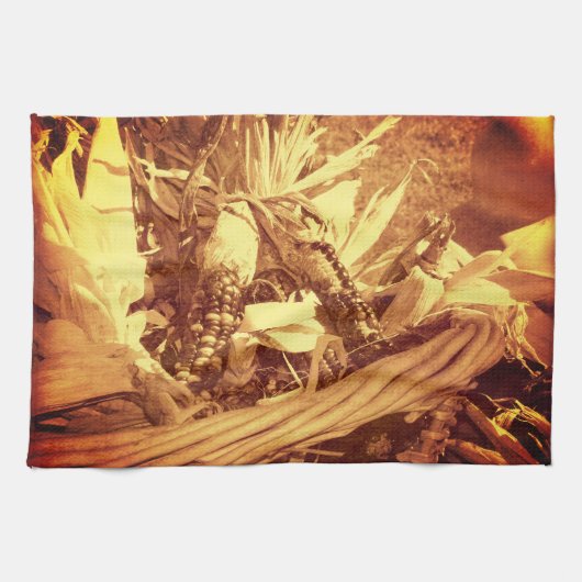 インディアンコーンインバスケットヴィンテージルック秋 キッチンタオル (横)