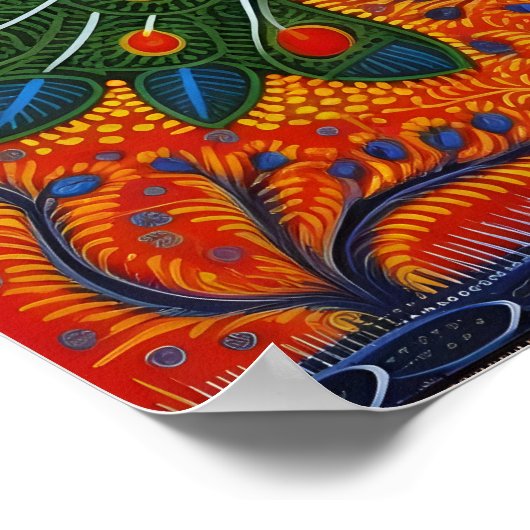 インディアンゴンドアートピーコックオレンジ |インドの芸術 ポスター (角)