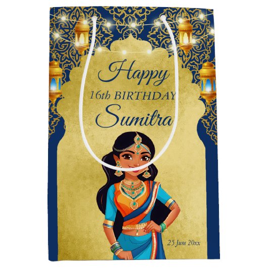 インディアンスタイルの女の子の誕生日パ感謝していーティーお願い ミディアムペーパーバッグ (正面)