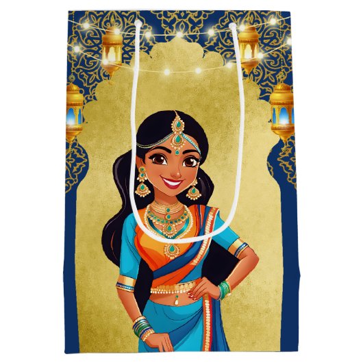 インディアンスタイルの女の子の誕生日パ感謝していーティーお願い ミディアムペーパーバッグ (裏面)