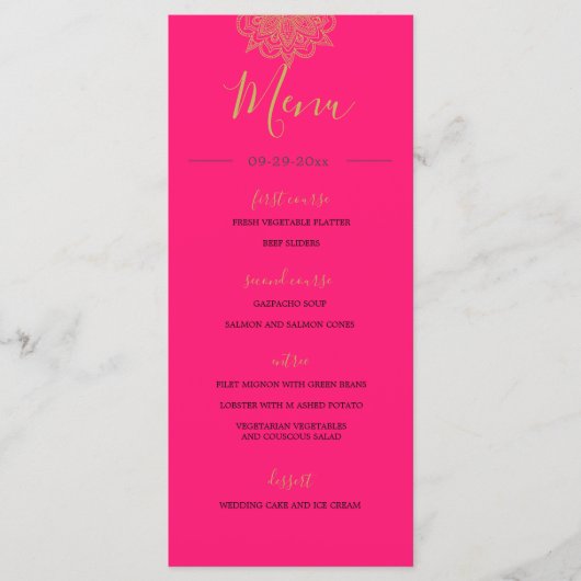 インディアンスタイルオレンジピンク金ゴールドカラーシック結婚ズ メニュー (正面)