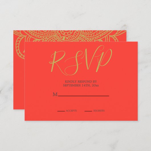 インディアンスタイルオレンジ色の金ゴールドモダンカラー結婚ズ エンクロージャーカード (正面/裏面)
