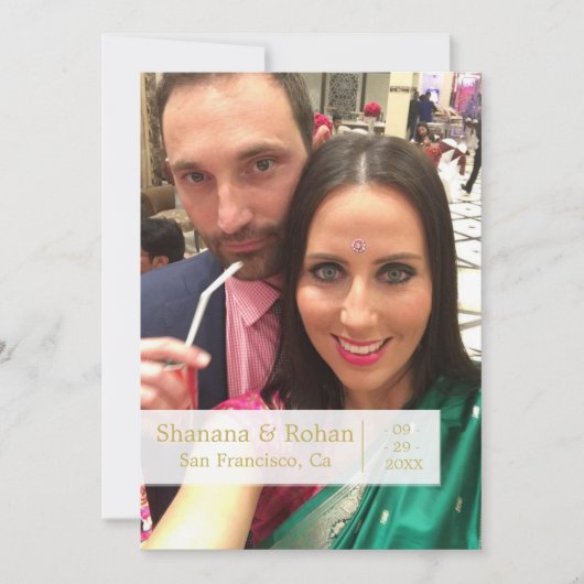 インディアンスタイルグリーンフォトウェディング日付を保存 案内状 (正面)