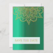 インディアンスタイルグリーンフォトウェディング日付を保存 案内状 (裏面)