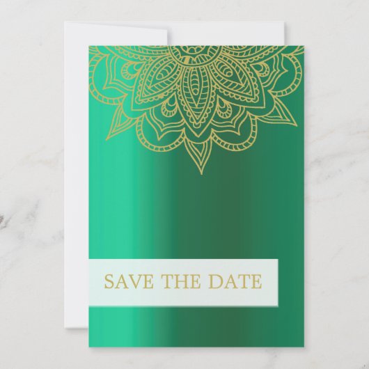 インディアンスタイルグリーンフォトウェディング日付を保存 案内状 (裏面)