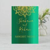 インディアンスタイルグリーン金ゴールドカラー結婚式招待状 箔招待状 (立ち正面)