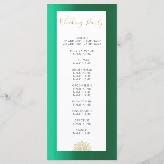 インディアンスタイルグリーン金ゴールドカラー結婚式 プログラム (裏面)