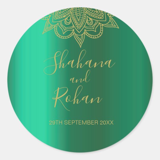 インディアンスタイルグリー金ゴールドカラーモダンシック結婚ズ ラウンドシール (正面)