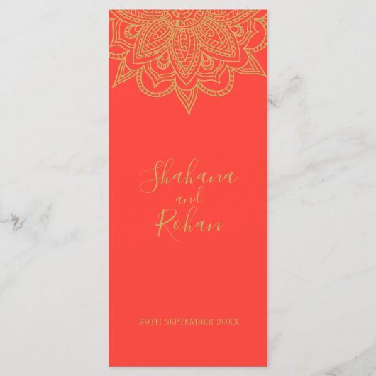 インディアンスタイルピンクオレンジ金ゴールドカラーシック結婚ズ メニュー (裏面)