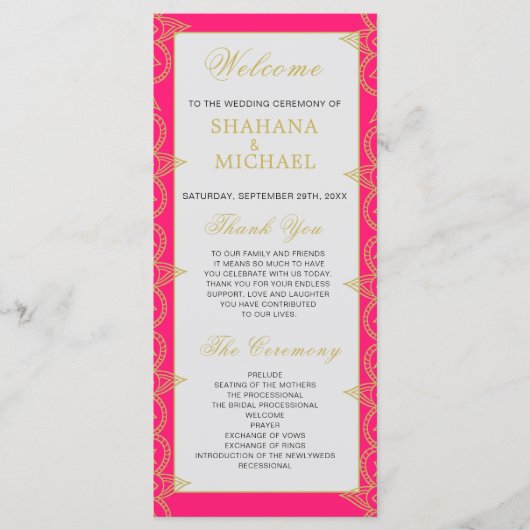 インディアンスタイルピンクオレンジ金ゴールド結婚式 プログラム (正面)