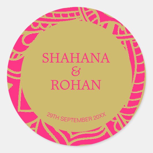 インディアンスタイルピンクモダン金ゴールド結婚ズ ラウンドシール (正面)