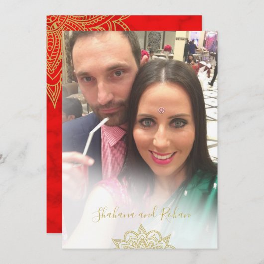 インディアンスタイルフォトオーバーレイ赤金ゴールドモダンズ 招待状 (正面/裏面)
