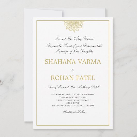 インディアンスタイルブルガンディーマーブル金ゴールドカラー結婚ズ 招待状 (正面)