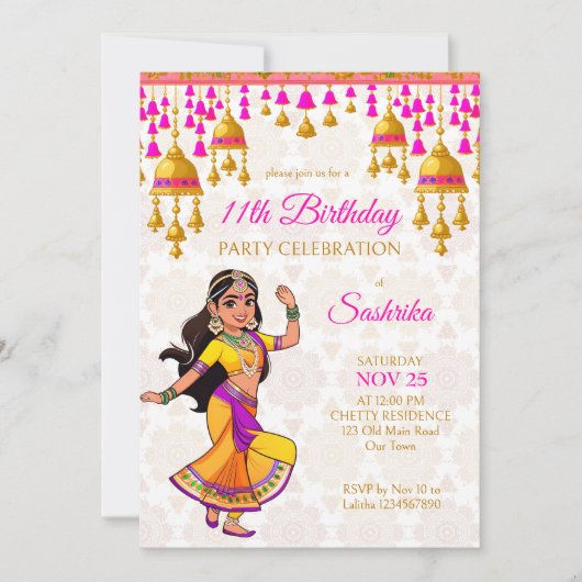 インディアンスタイル誕生日パーティーかわいいインディアンガール 招待状 (正面)