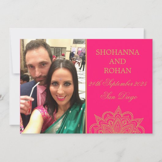 インディアンスタイル金ゴールドピンクフォトウェディング日付を保存 案内状 (正面)