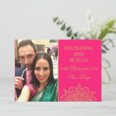 インディアンスタイル金ゴールドピンクフォトウェディング日付を保存 案内状 (スタンド正面)