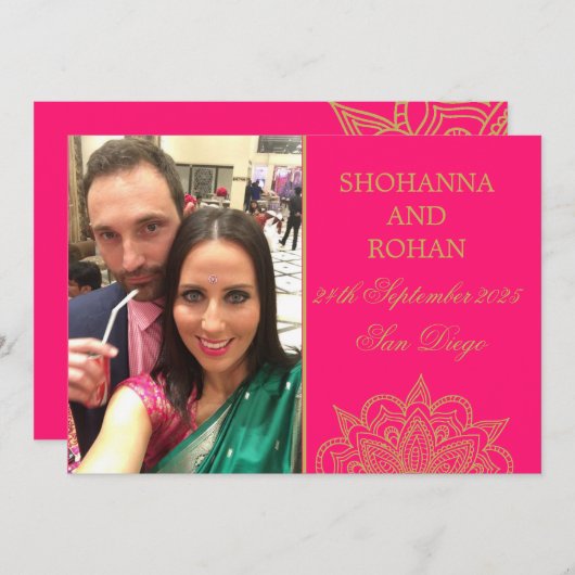 インディアンスタイル金ゴールドピンクフォトウェディング日付を保存 案内状 (正面/裏面)