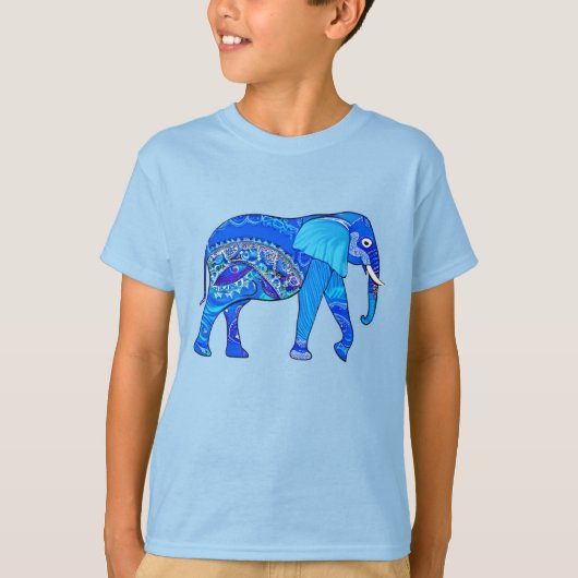 インディアンゾウが青いアラベスク模様 Tシャツ (正面)