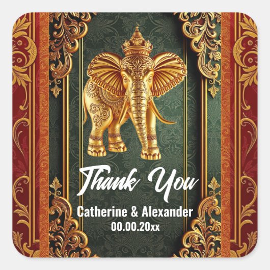 インディアンゾウは緑の金ゴールドフローラアジア スクエアシール (正面)