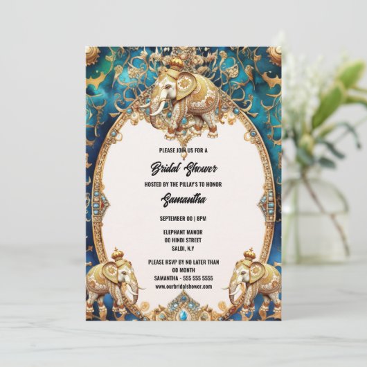 インディアンゾウヒンズー教の水色ブルー金ゴールド 招待状 (スタンド正面)