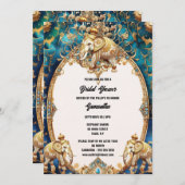 インディアンゾウヒンズー教の水色ブルー金ゴールド 招待状 (正面/裏面)