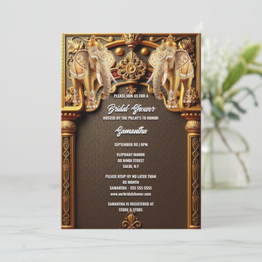 インディアンゾウフローラ金ゴールド高級ブライダルシャワー 招待状 (スタンド正面)