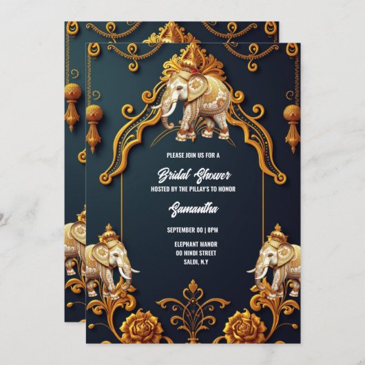 インディアンゾウ海軍金ゴールド王室の装飾的なヒンドゥー 招待状 (正面/裏面)