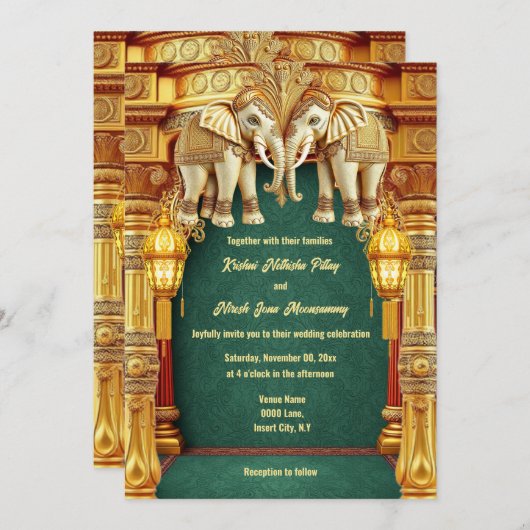 インディアンゾウ金ゴールドグリーンランタン豪華 招待状 (正面/裏面)