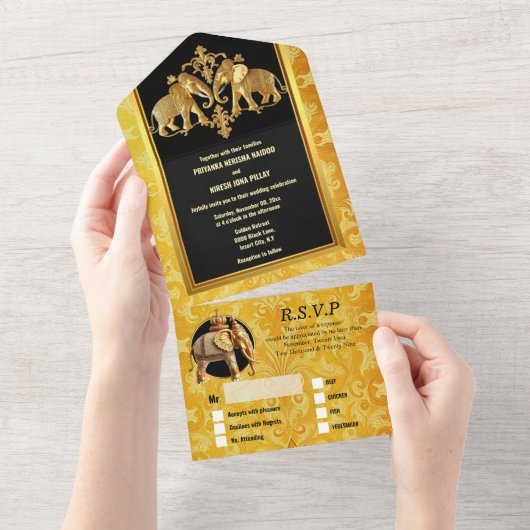 インディアンゾウ金ゴールドブラックダマスヒンズー オールインワン招待状 (貼ってはがせる)