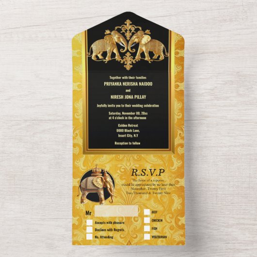 インディアンゾウ金ゴールドブラックダマスヒンズー オールインワン招待状 (内側)