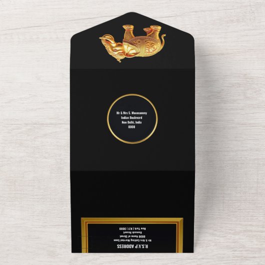 インディアンゾウ金ゴールドブラックヒンズー教の贅沢 オールインワン招待状 (外側)