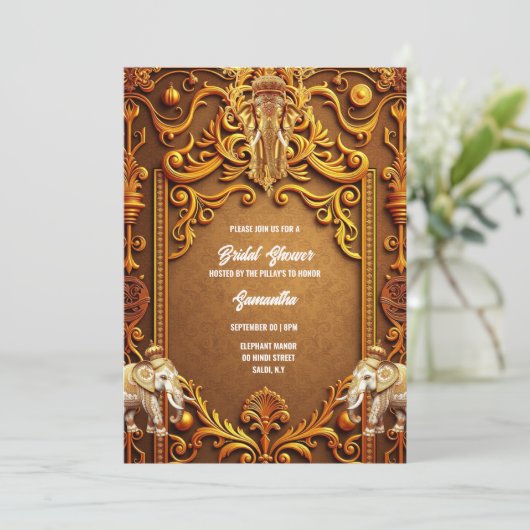 インディアンゾウ金ゴールド伝統的ヒンドゥーブライダル 招待状 (スタンド正面)