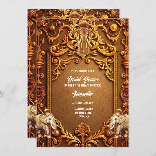 インディアンゾウ金ゴールド伝統的ヒンドゥーブライダル 招待状 (正面/裏面)