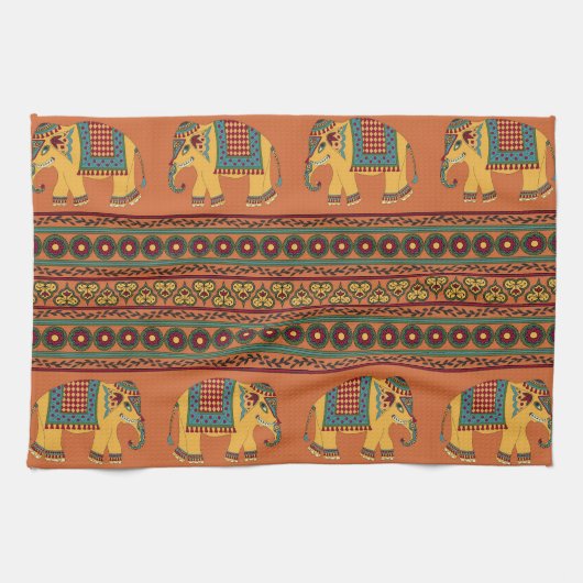 インディアンゾウ、オレンジ伝統的のシームレス。 キッチンタオル (横)