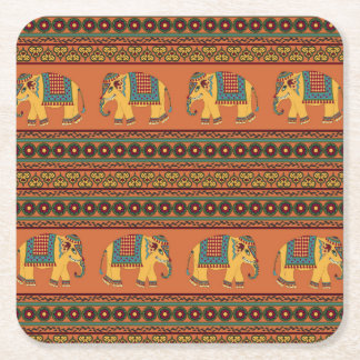 インディアンゾウ、オレンジ伝統的のシームレス。 スクエアペーパーコースター