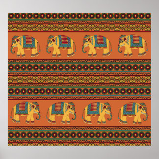 インディアンゾウ、オレンジ伝統的のシームレス。 ポスター