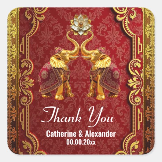 インディアンゾウHindi蓮の花王室の金ゴールド赤 スクエアシール (正面)