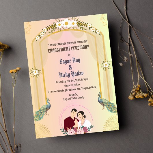インディアンヒンズー婚約セレモニーピーコック 招待状