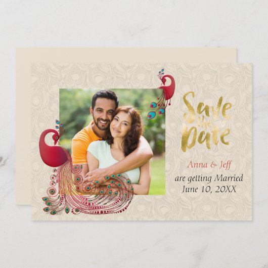 インディアンヒンドゥーの孔雀の結婚式は日付を保存 セーブザデート (正面/裏面)
