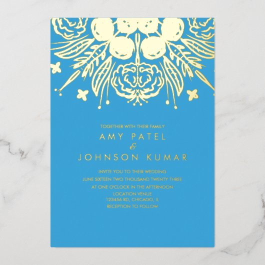 インディアンヒンドゥー教結婚手描き 箔招待状 (正面)